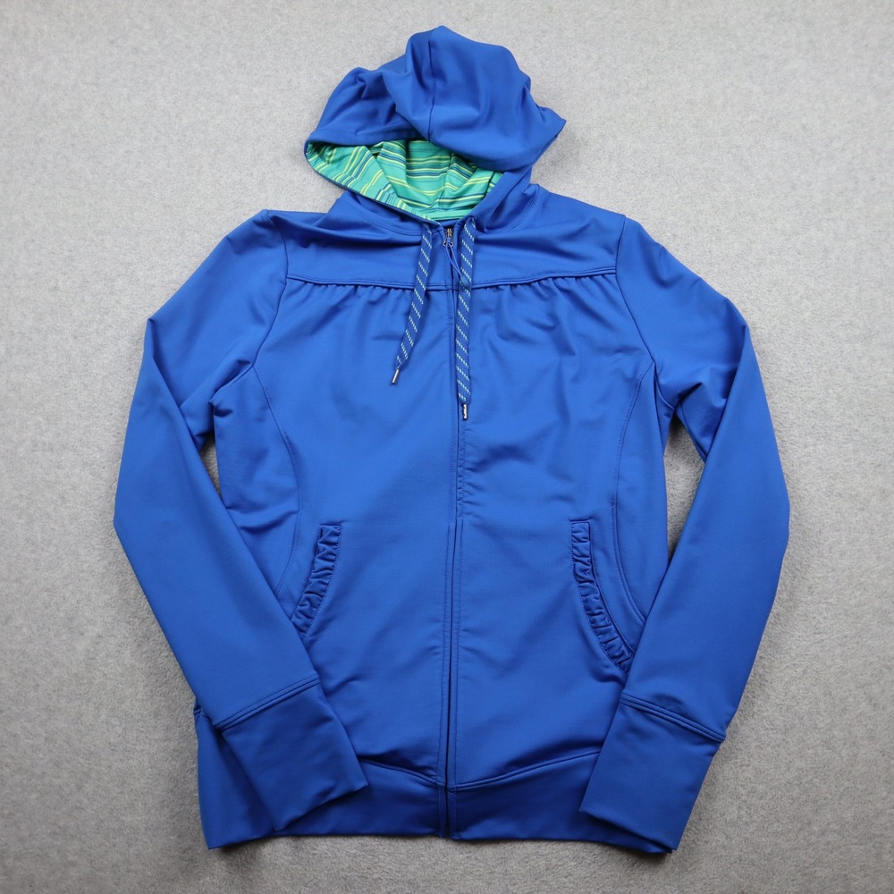 REI Jacket Womens Medium Full Zip Hoodie Blue Thumbholes Performance Stretch